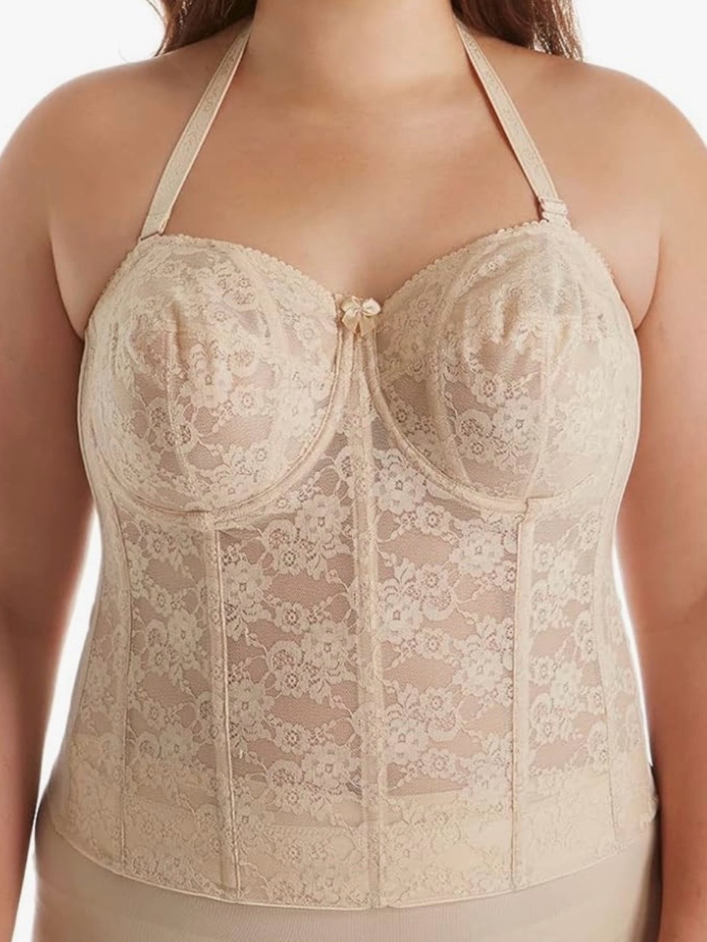 Elila Longline Bra Bustier Corset Full Coverage Size 48I Nude Lace Boned 6621